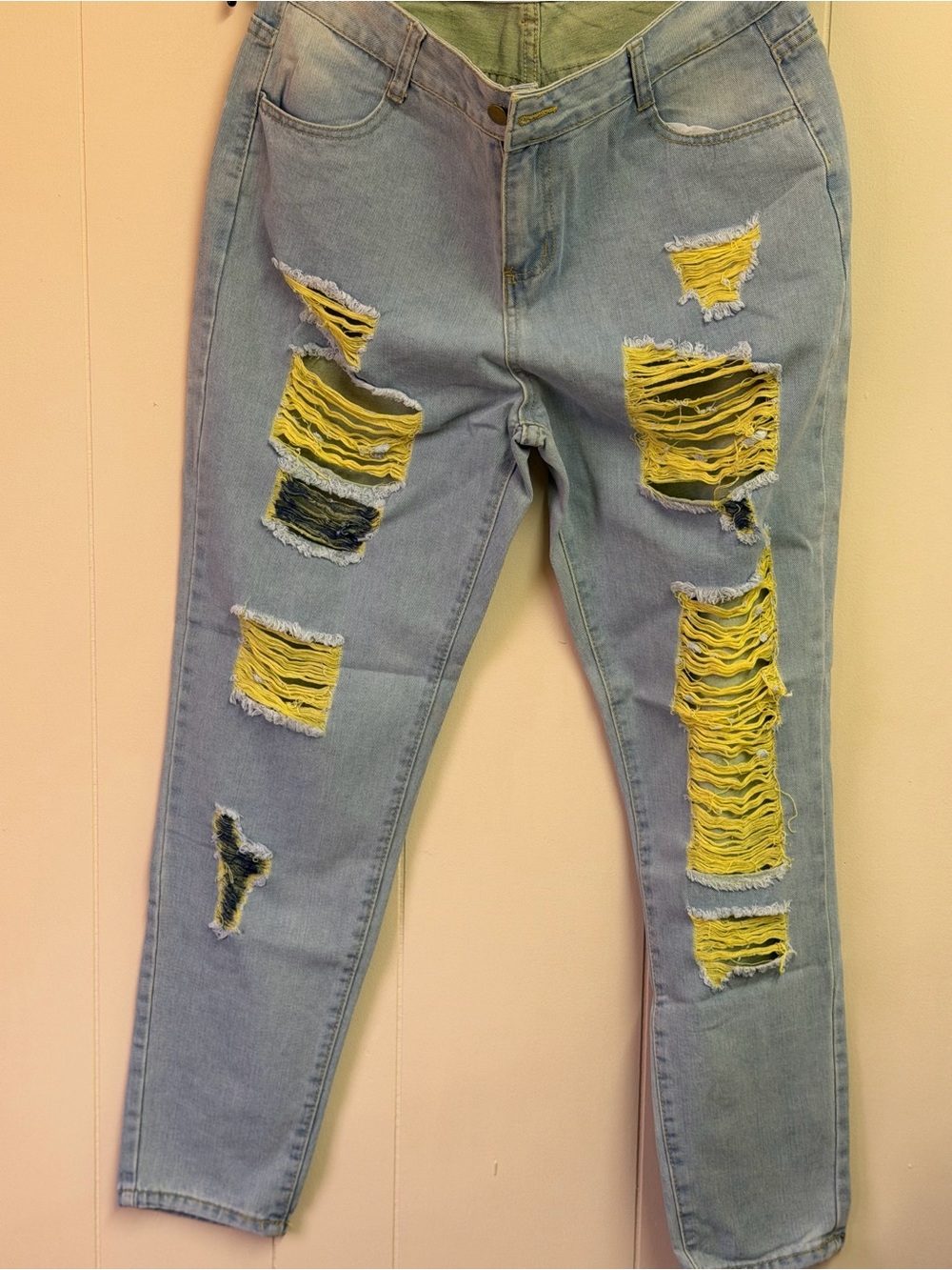 Women’s Distressed Light Blue Jeans with Yellow Patch Accents